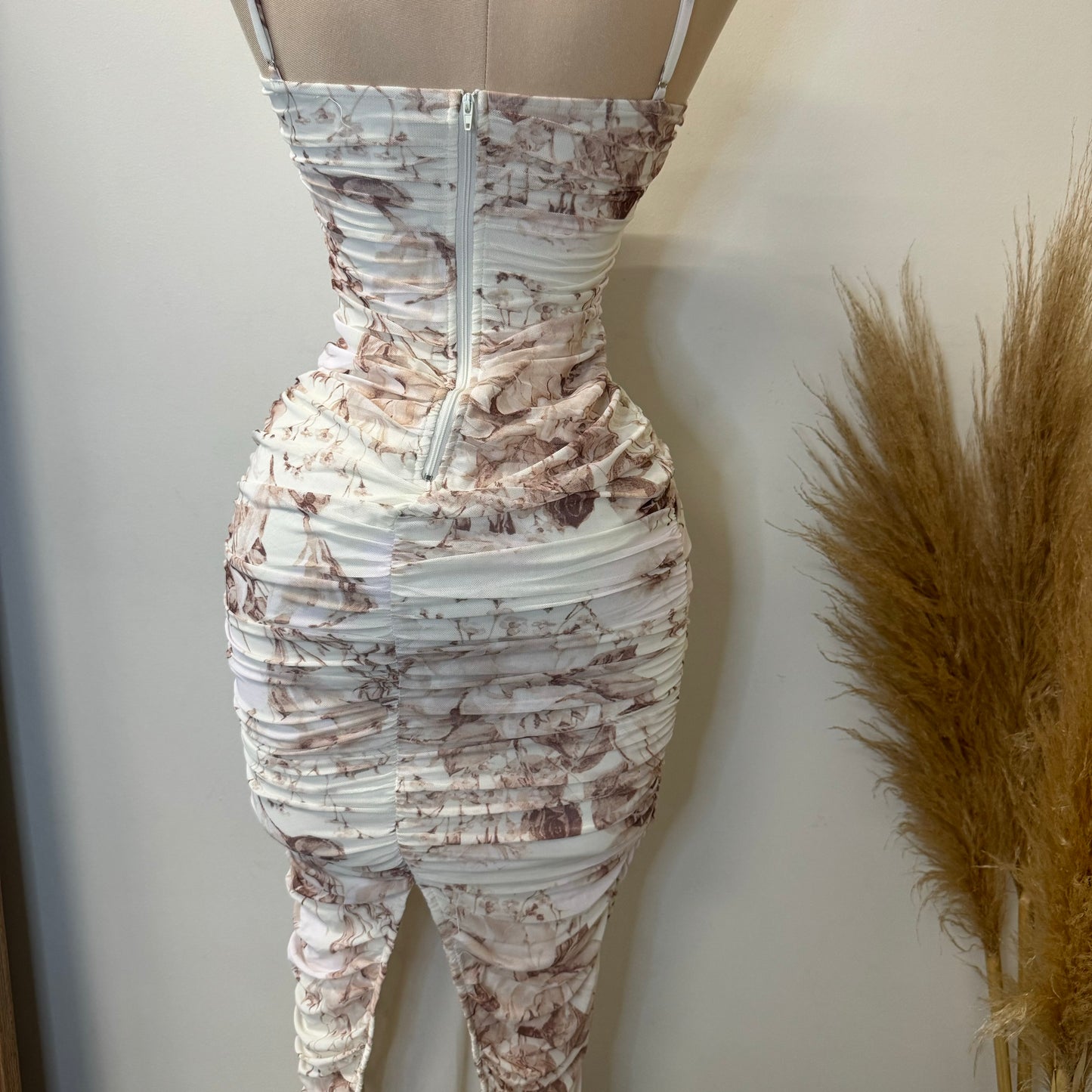 Daisy Floral Mesh Rossete Ruched Midi Dress-Brown