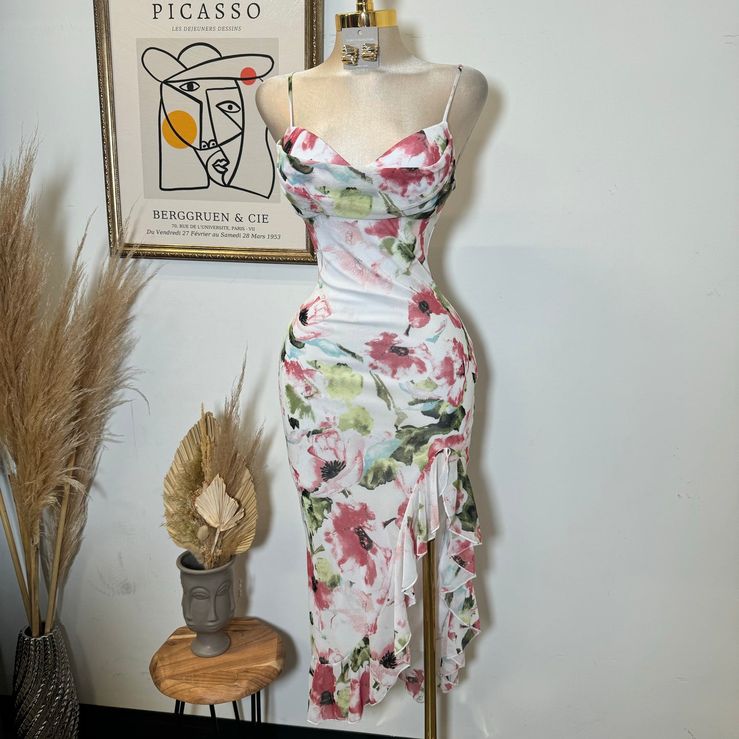 Mixie Mesh Open Slit Dress-Flower Print