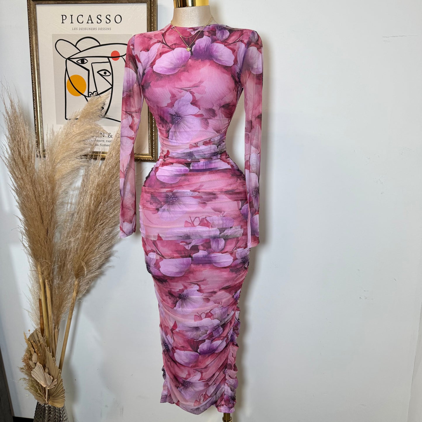Long Sleeve Mesh Dress-Hot Pink