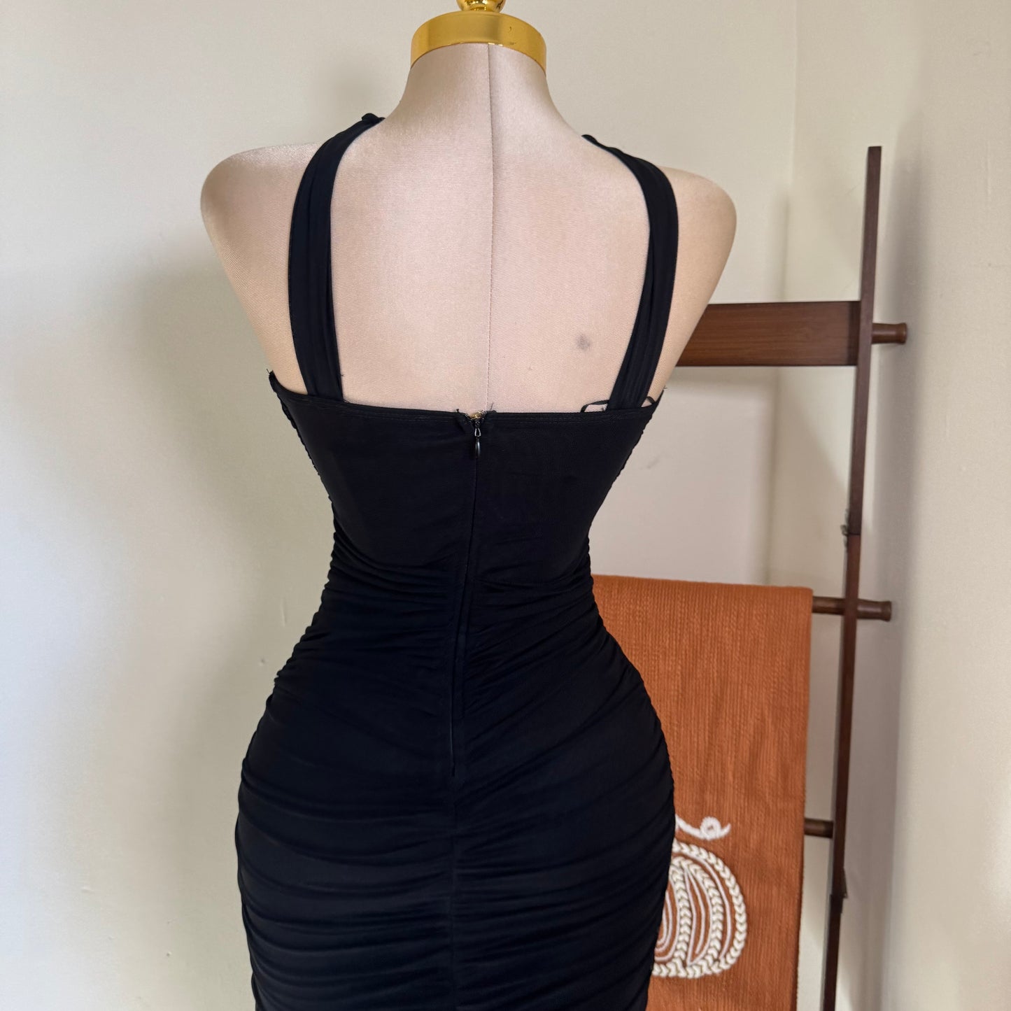Halter Neck Trim Inset Ruched Bodycon Midi Dress-Black