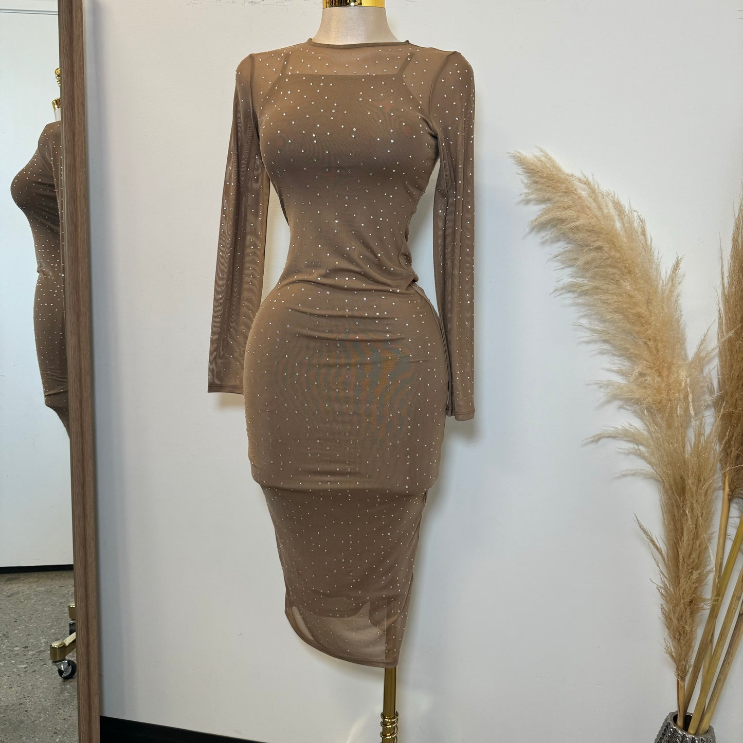 Faviana Mesh Dress-Khaki