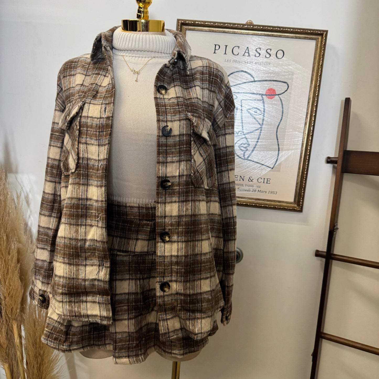 Long Sleeve Wool Blend Plaid Button Down Casual Jacket-Taupe