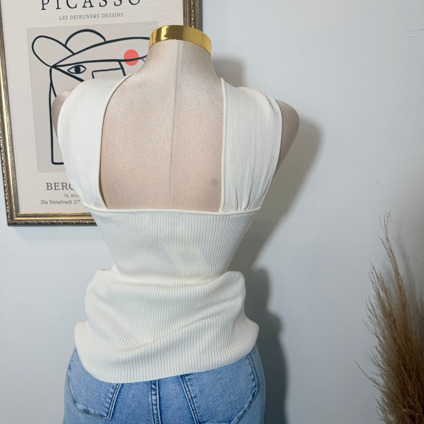Twist Halter Sweater Top W/ Gold Orb-Ivory
