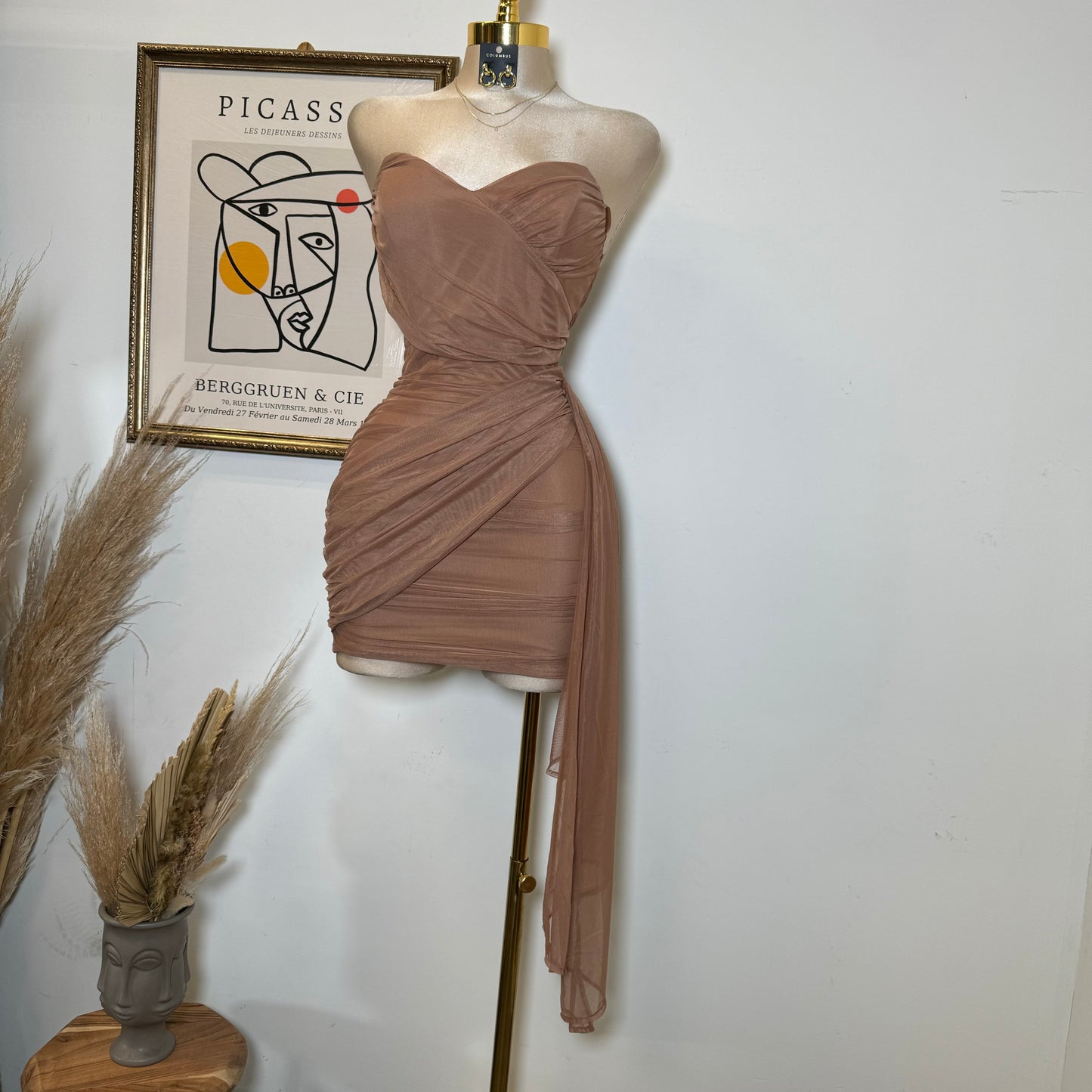 Sweetheart Draped Tube Mini Dress-Mocha