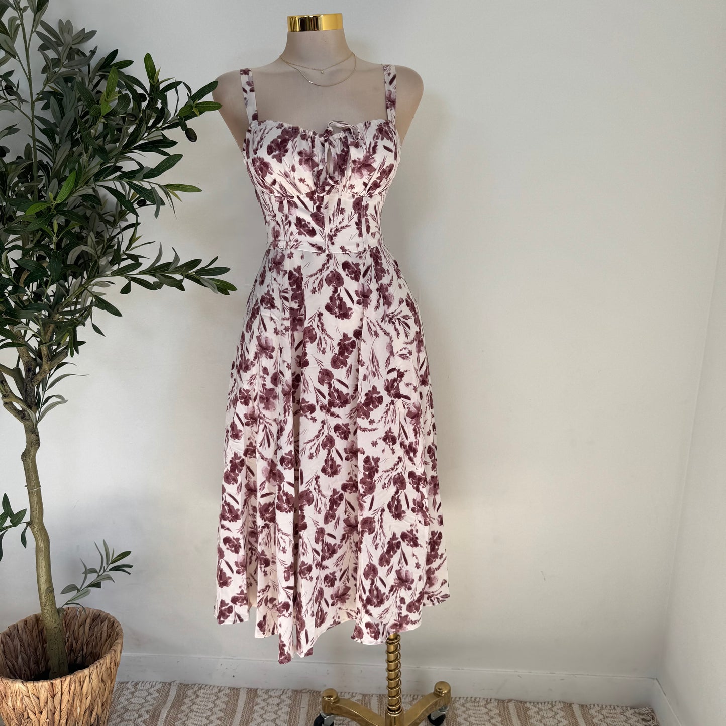 Picnic Corset Midi Dress-Burgundy/Cream