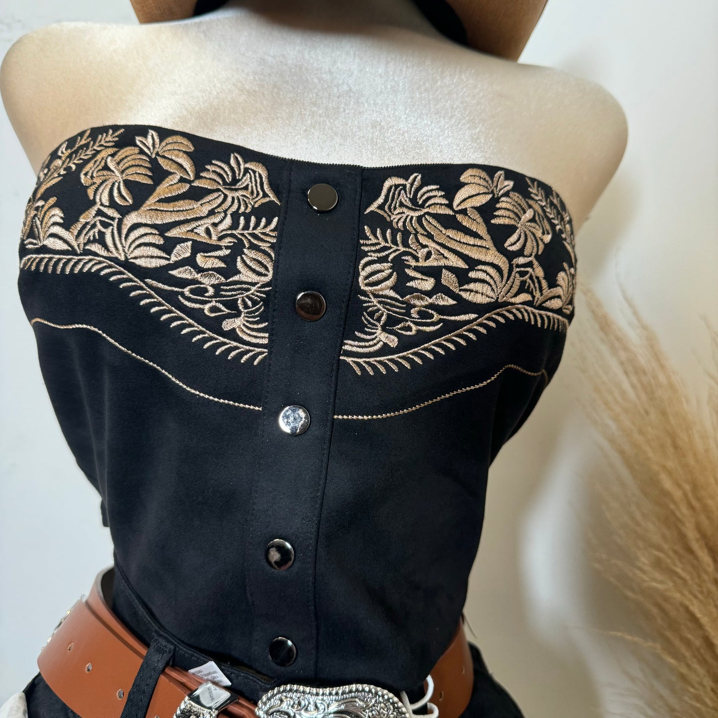 Suede Embroidered Crop Top-Black/Camel
