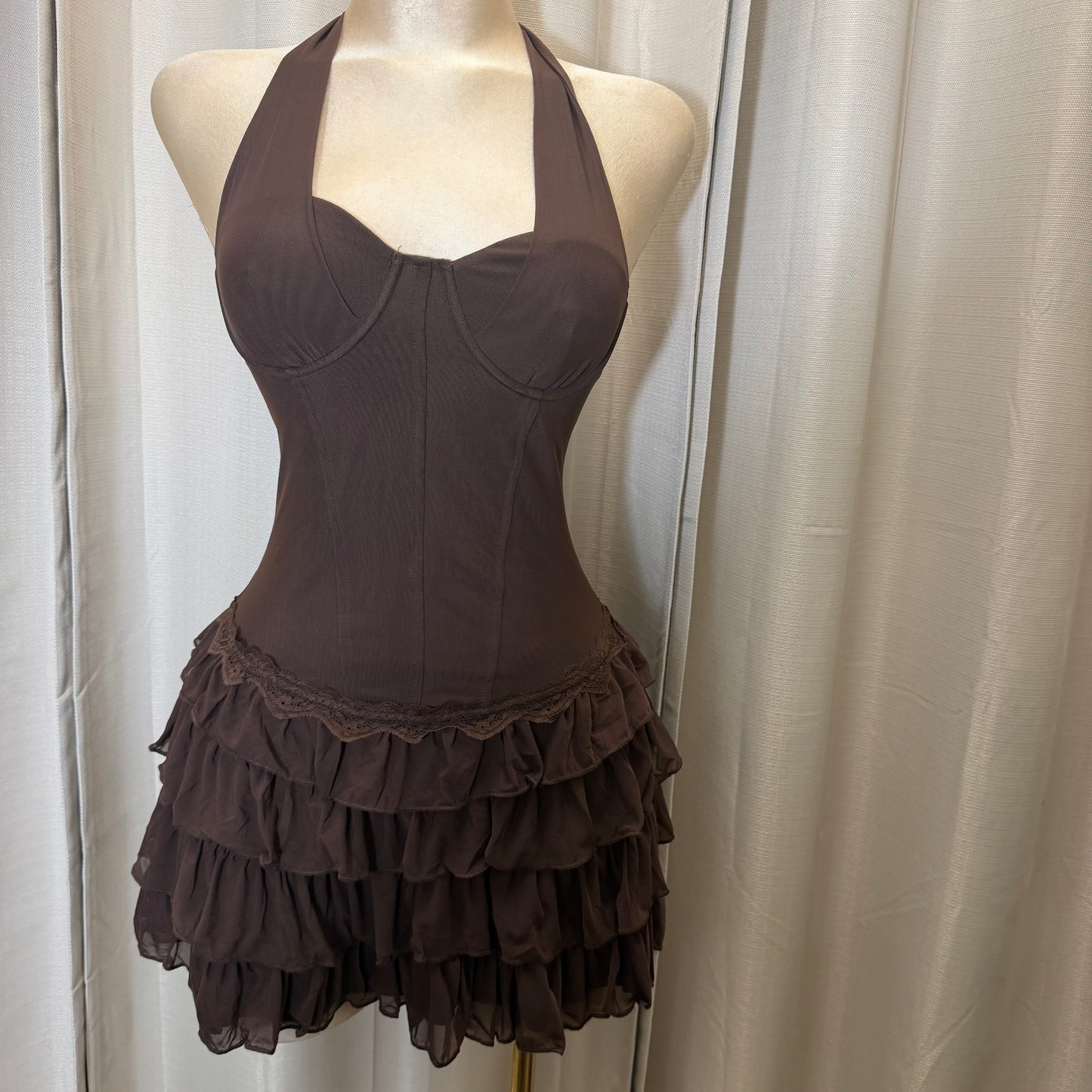 Halter Neck Mini Corset Dress with Layered skirt-Brown