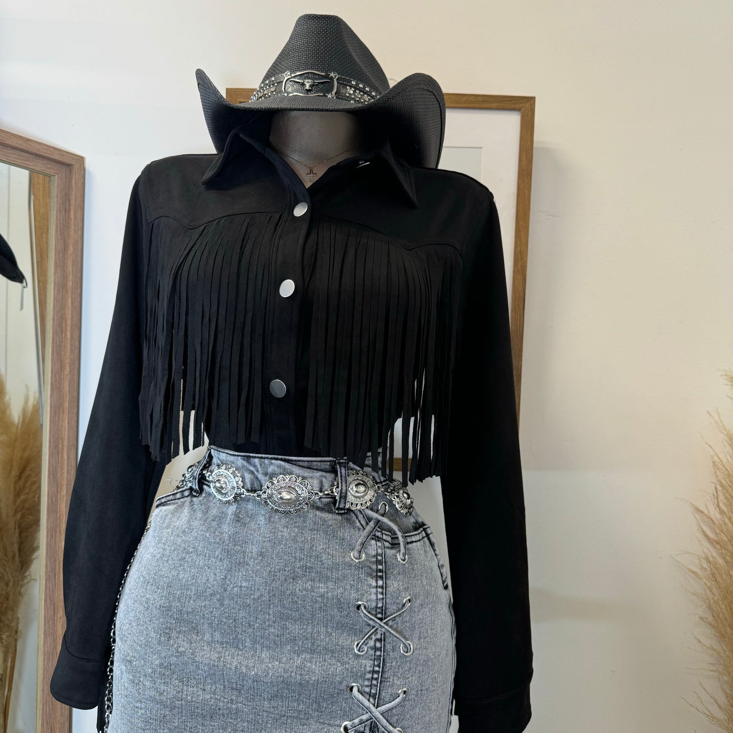 Dime Suede Button Shirt with Fringe-Black