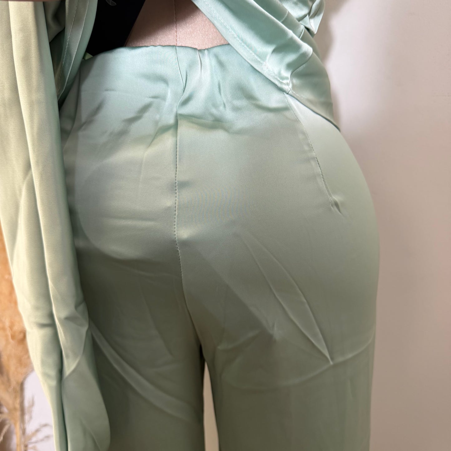 Satin Asymmetrical Scarf Halter Rcuhed Top Zipper Pants set