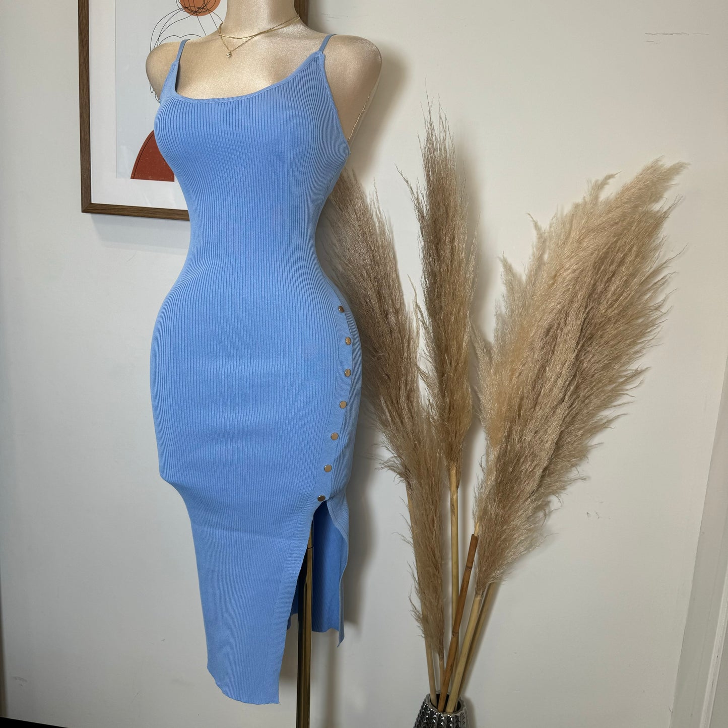 Cielito Open Slit Ribbed Midi Dress-Blue