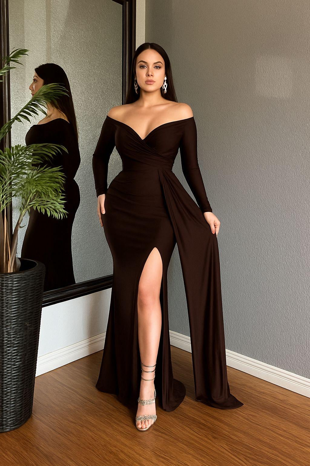 Off shoulder long sleeve Maxi Dress-Brown