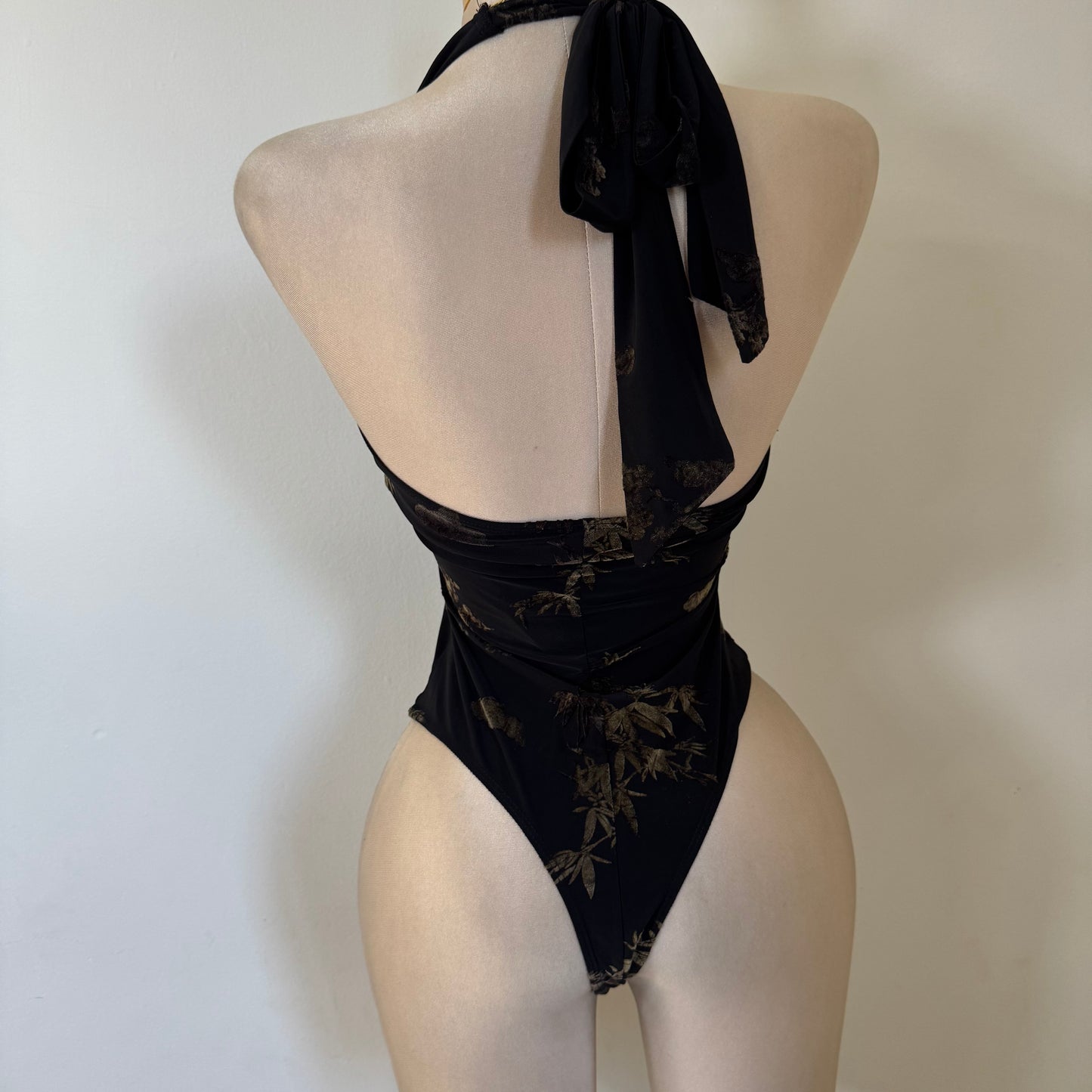 Halter Deep V Neck Bodysuit-Black