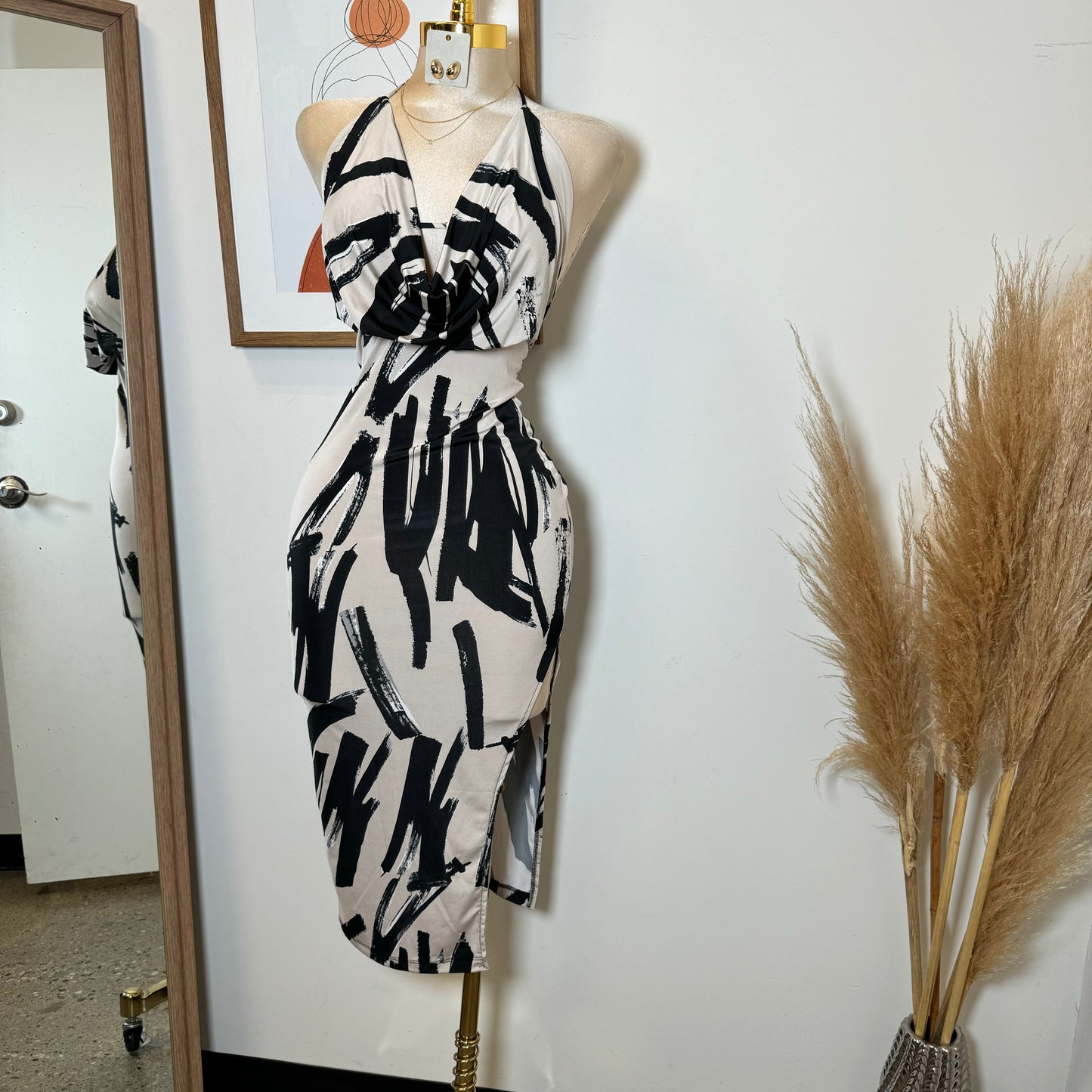 Venechia Cowl Open Slit Dress-Black/White1