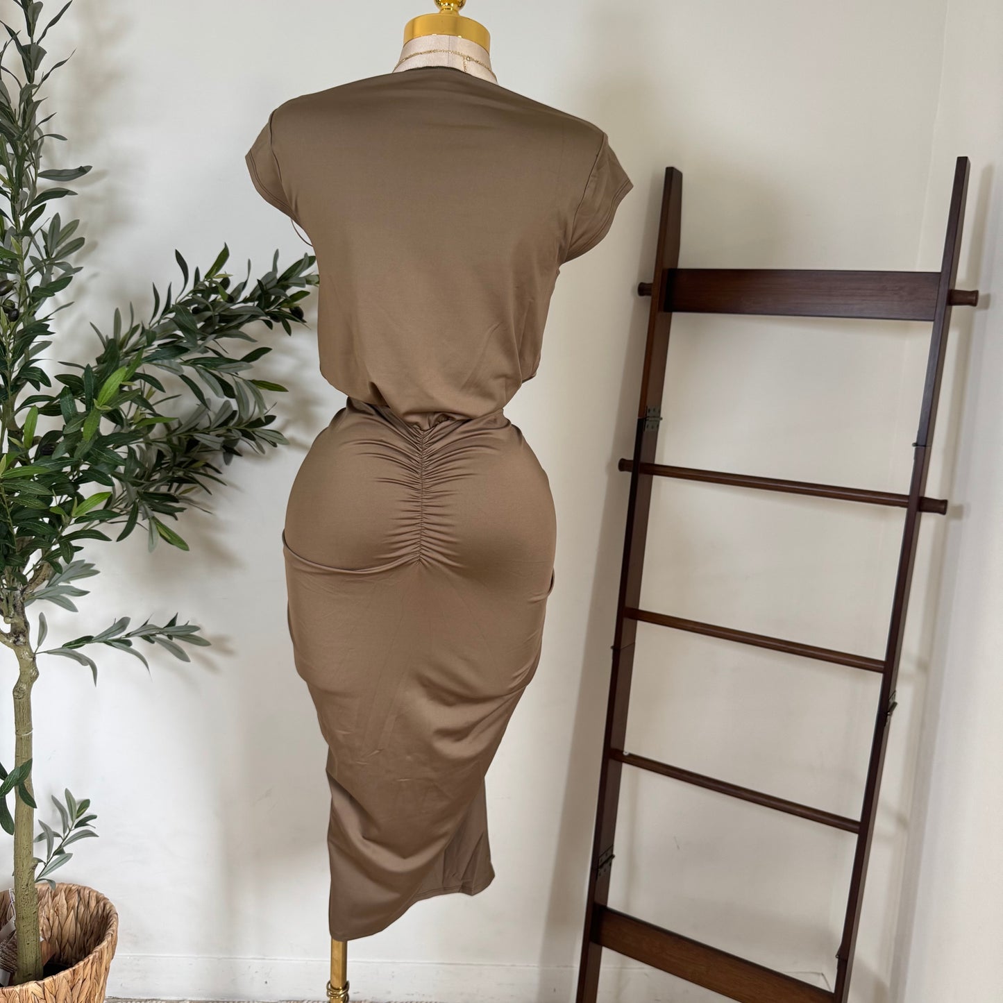 Ruched Elegance Draped Midi Dress-Mocha