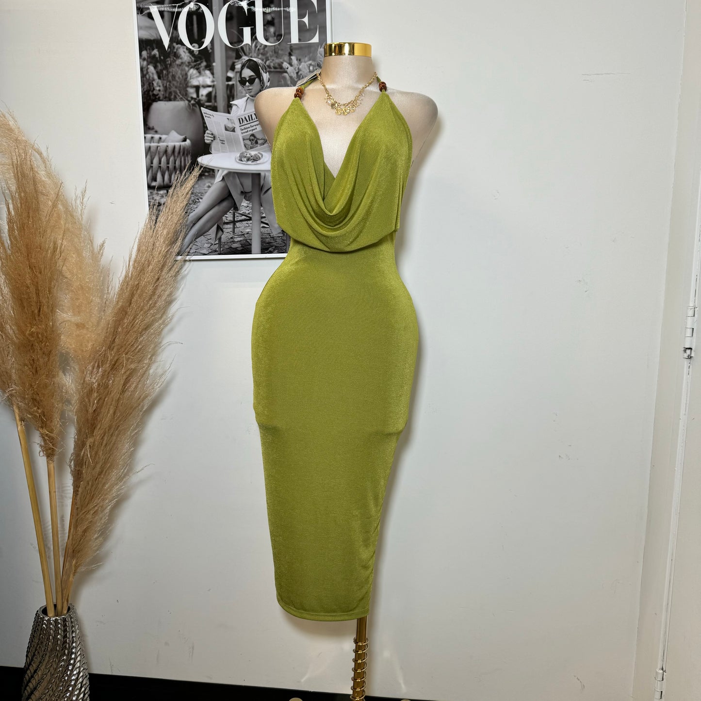 Bead Cowl Neck Halter Midi Dress-Green