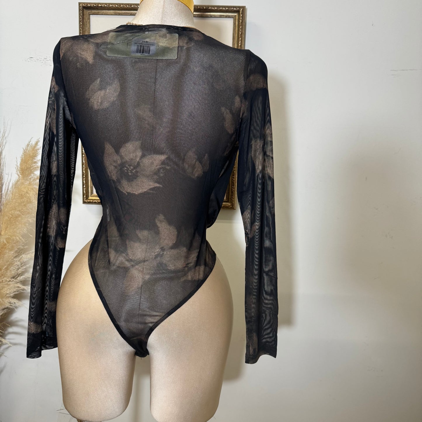 Printed Mesh Surplice Bodysuit-Black