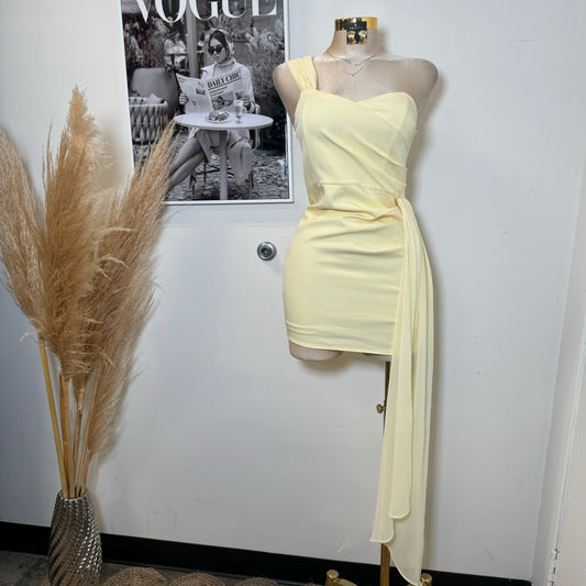 Woven Sweetheart off Shoulder Mini Dress-Lemon Drop