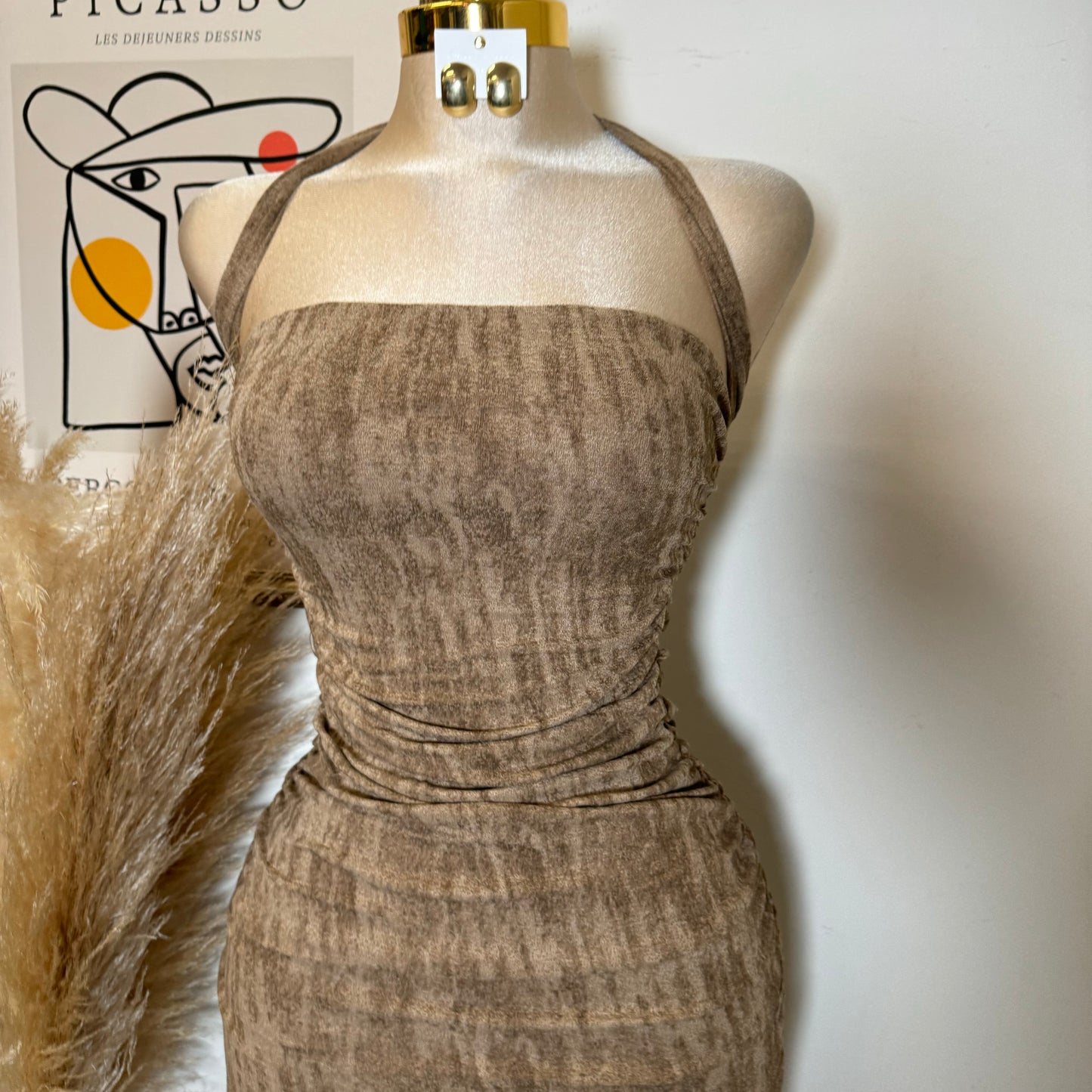 BRUSHED KNIT TUBE MOCK NECK MIDI DRESS-Mocha
