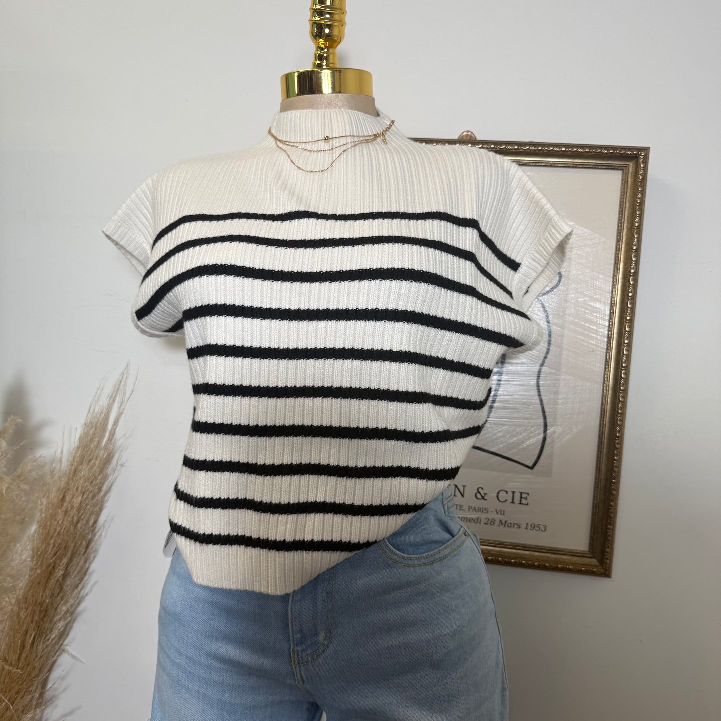 Stripe Mock Neck Short Sleeve Knit Sweater-Ivory