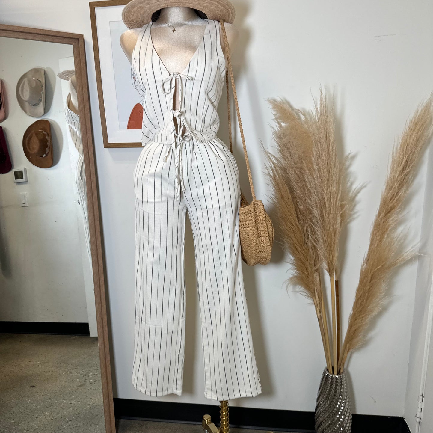 Knot Linen Pant Set-White and Black Stripes