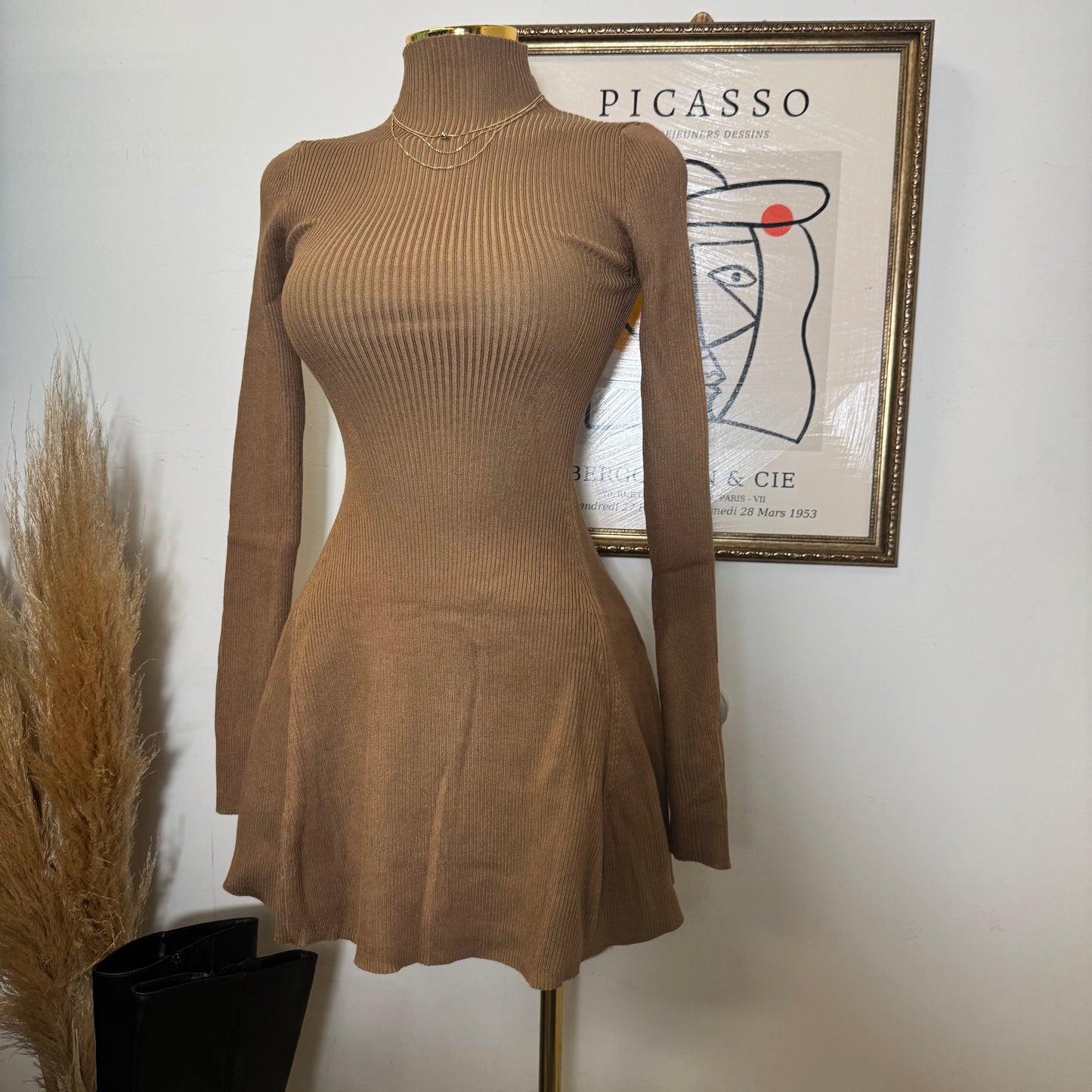 Long Sleeve Sweater Dress-Mocha