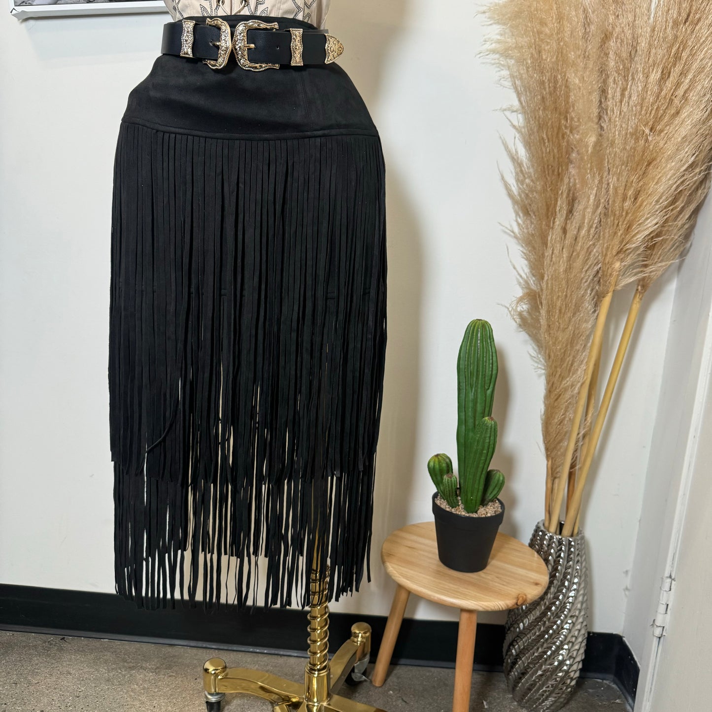 Tiered Fringe Midi Skirt Faux Suede-Black
