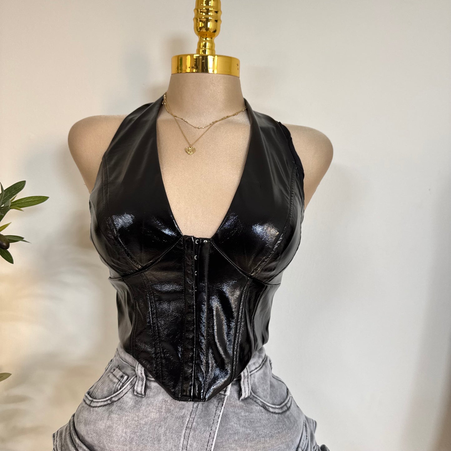 Shiny Stretch Pleather Halter Top-Black