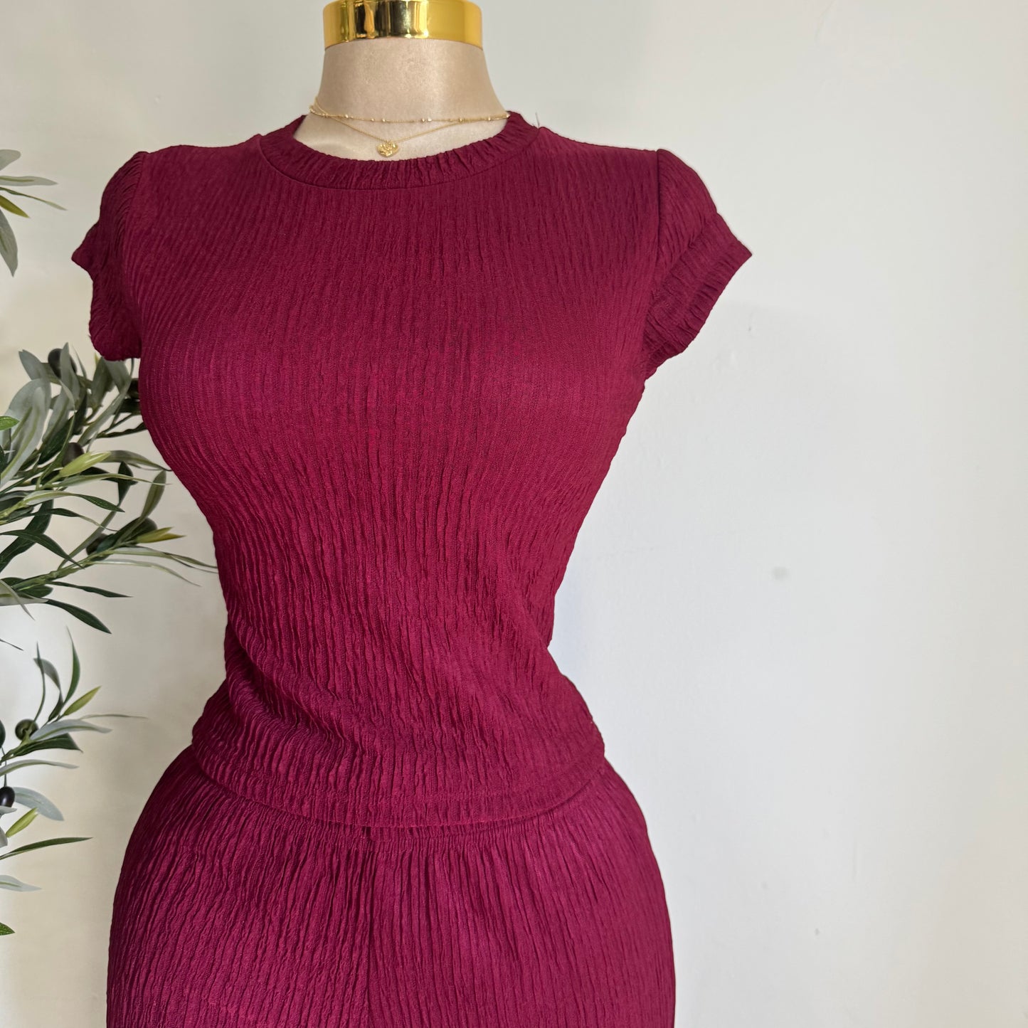Tamara Short Sleeve Piece Set-Burgundy