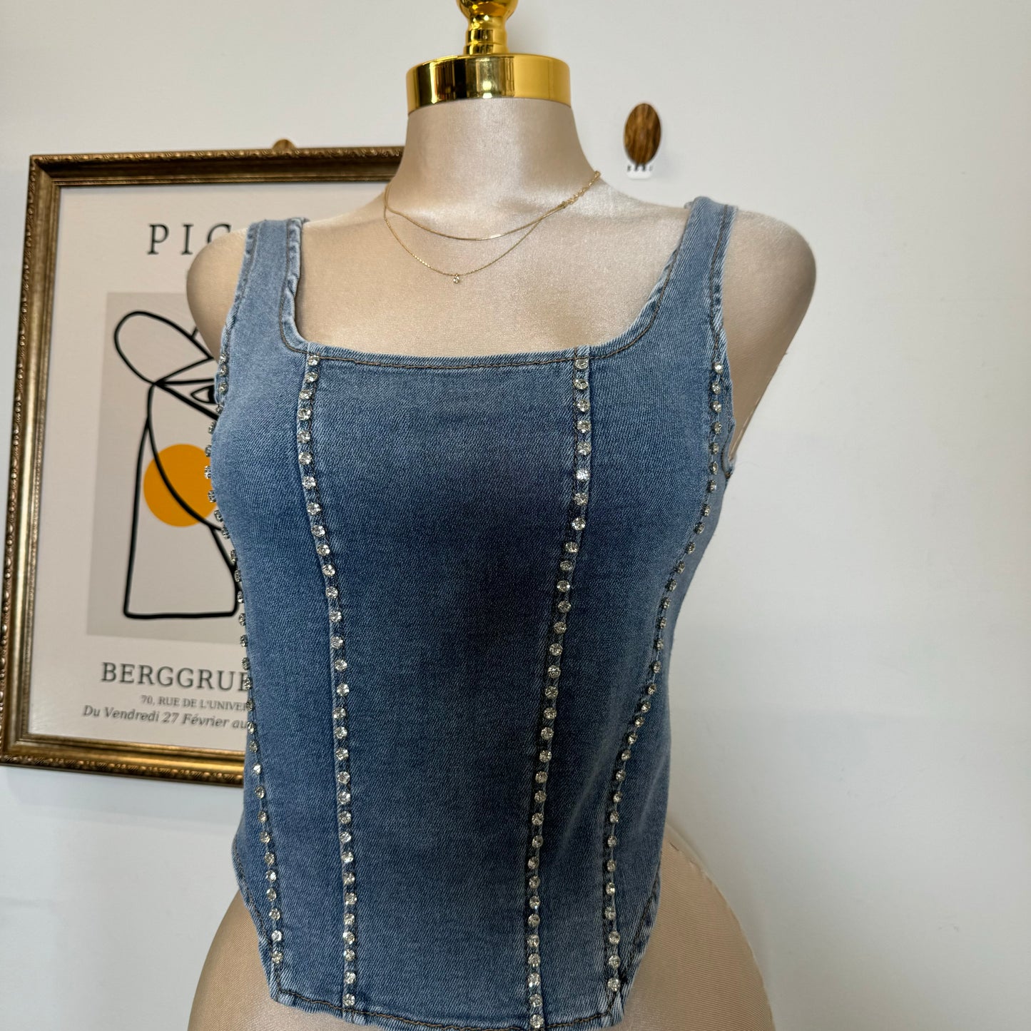 Rhinestone Denim Vest-Blue