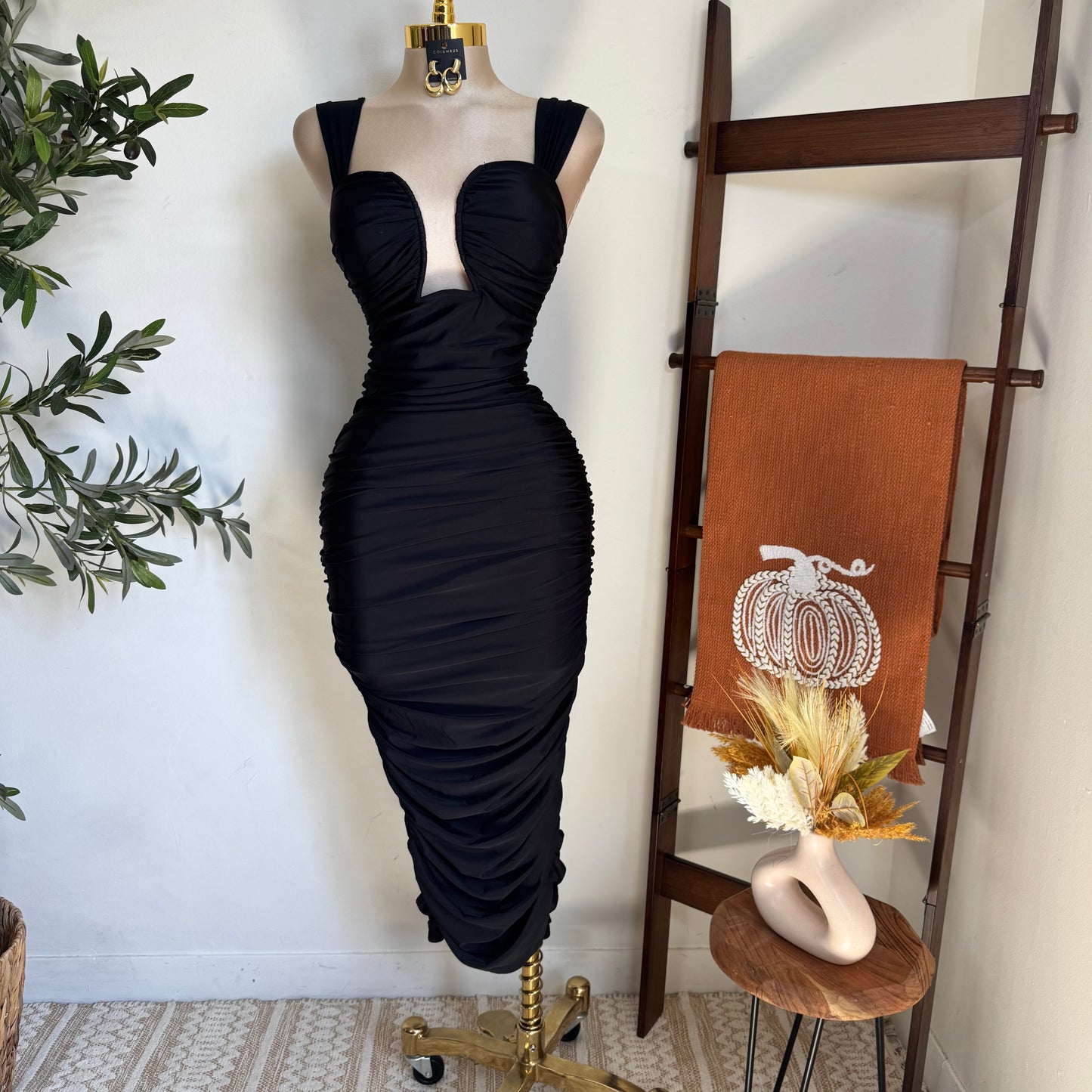 Ruched Midi Dress-Black