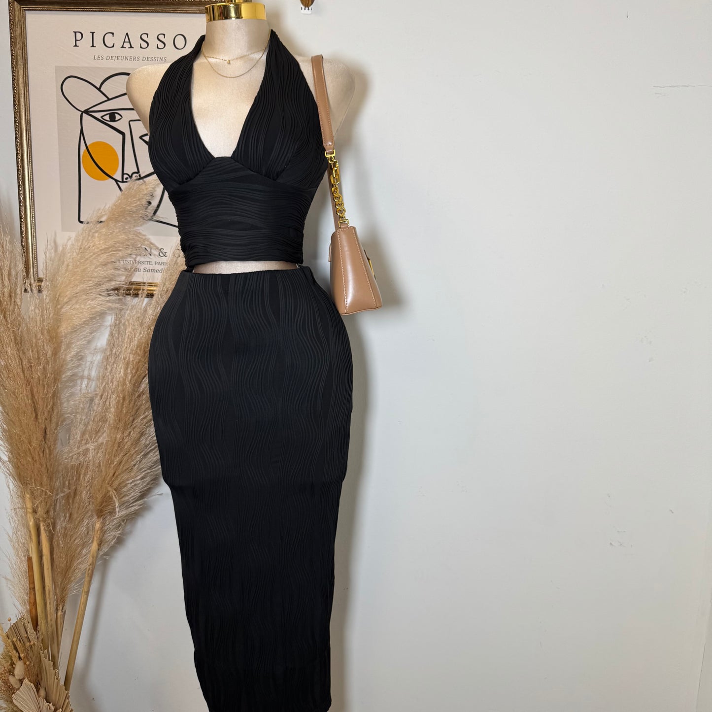 Halter Neck and Midi Skirt Set-Black