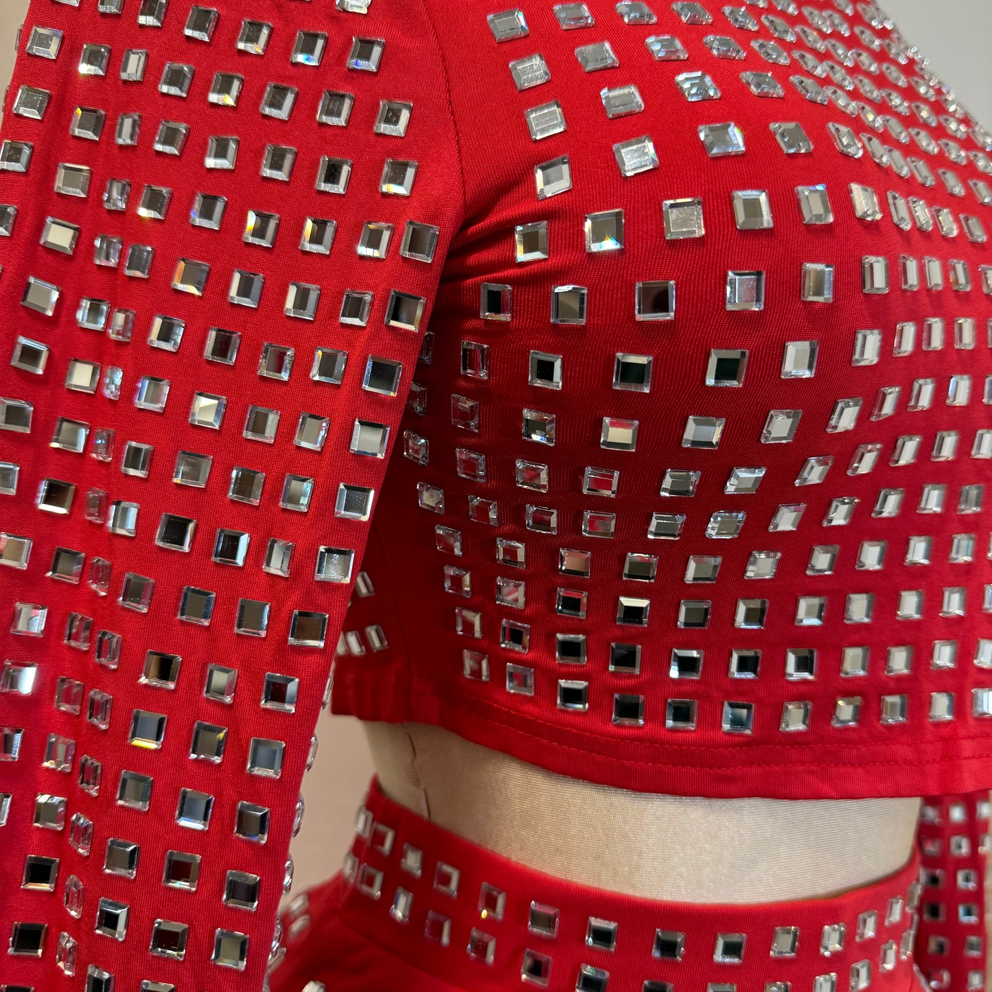 Rhinestone Long Sleeve Skirt Set-Red
