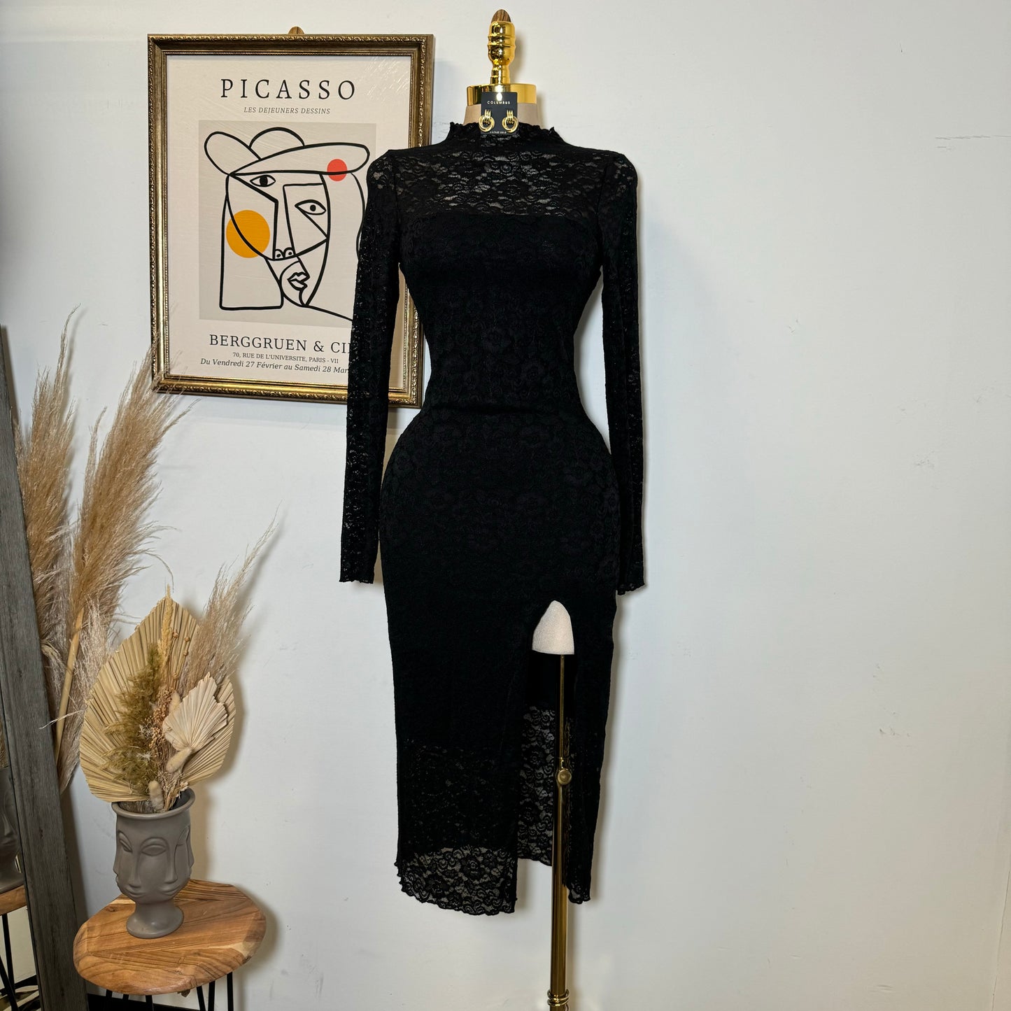Rosie Lace Midi Open Slit  Dress-Black
