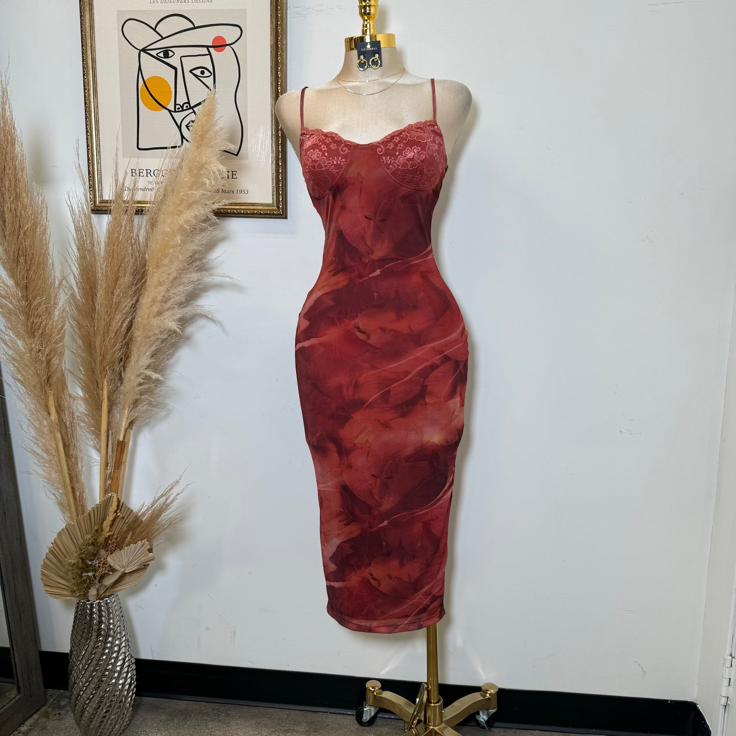 Mesh Spaghetti Dress-Multi Red