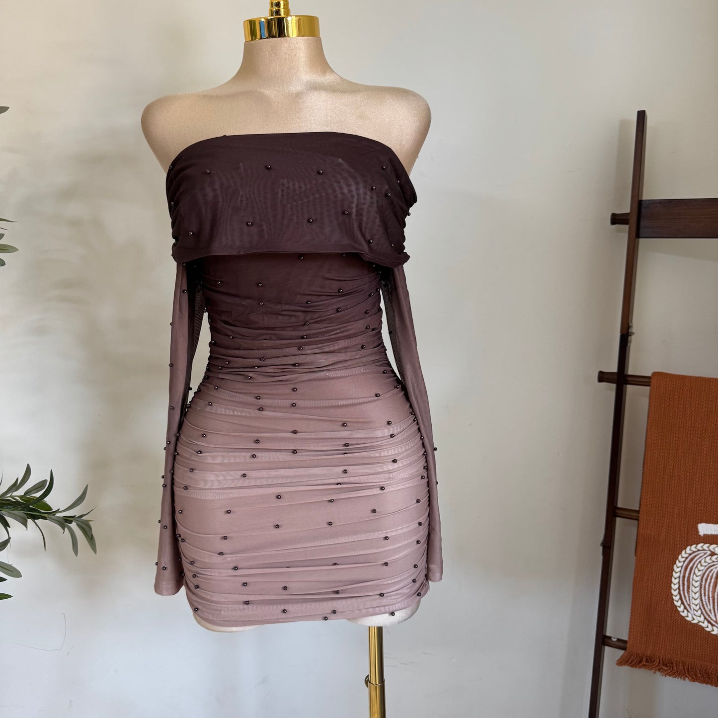 Off Shoulder Pearl ombré dress-Mocha