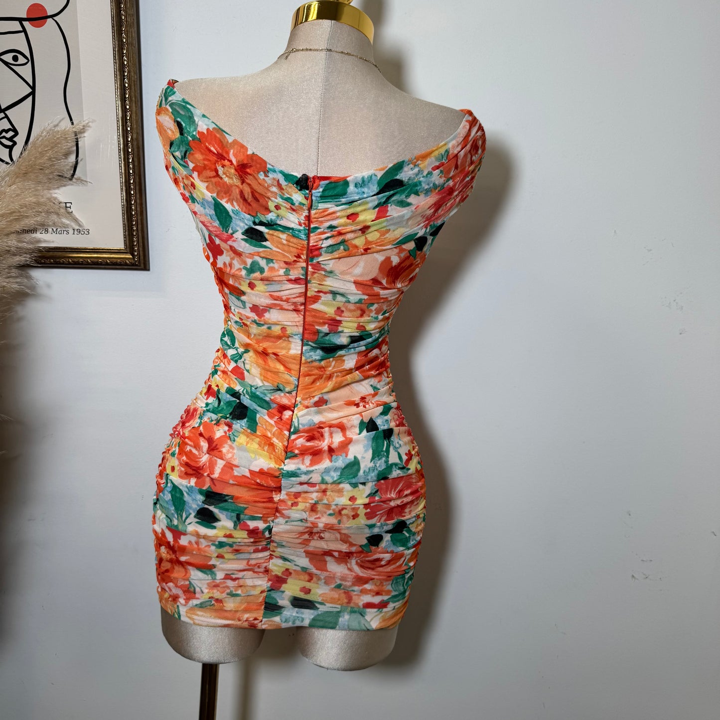 Off Shoulder Wire Inset Ruching -Orange