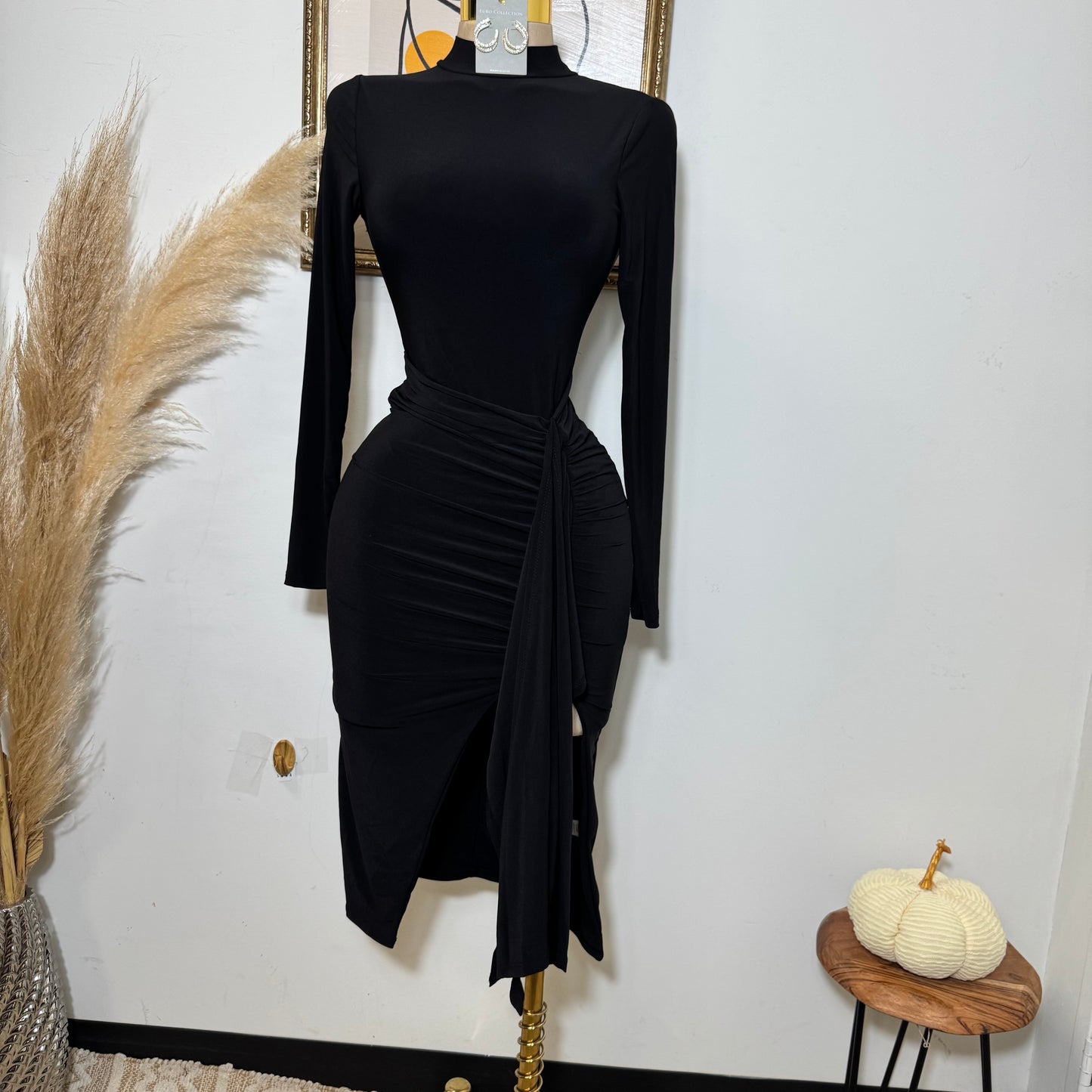 Mock Neck Ruffle Midi Dress-Black