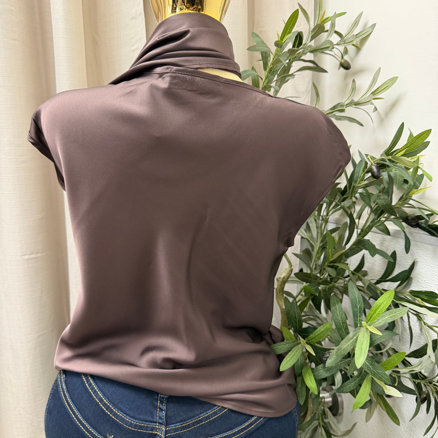 Satin Blouse with scarf -Brown