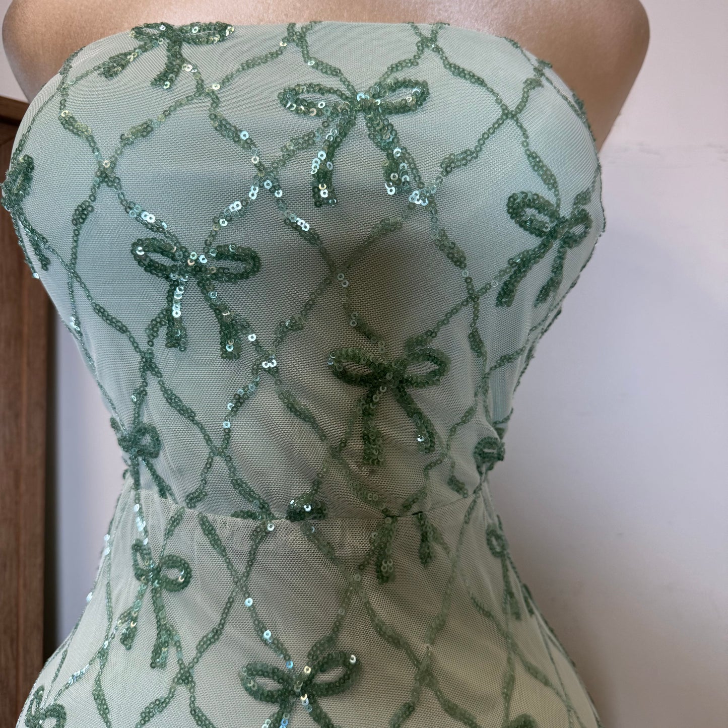 Bow Sequins Strapless Corset Dress-Green Sage