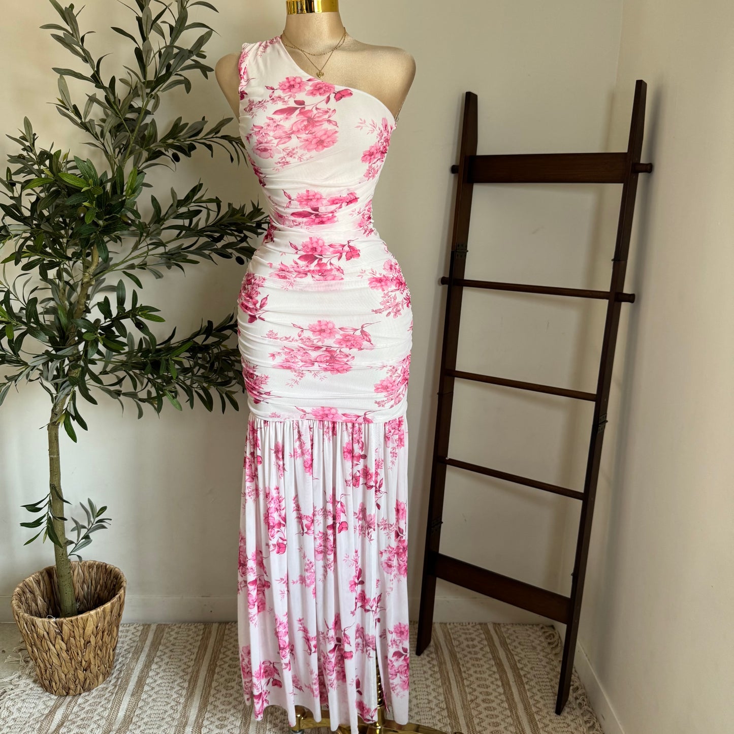 One Shoulder Mesh Maxi Dress-Pink/White