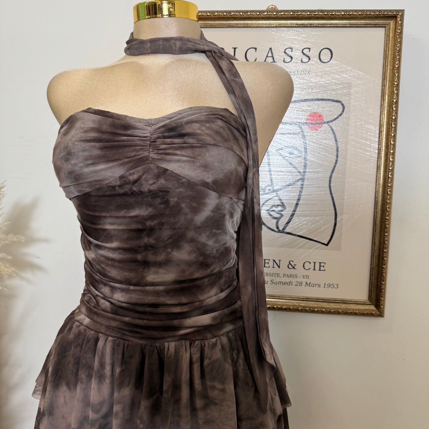 Printed Mesh Tube Dress With Scarf-Brown