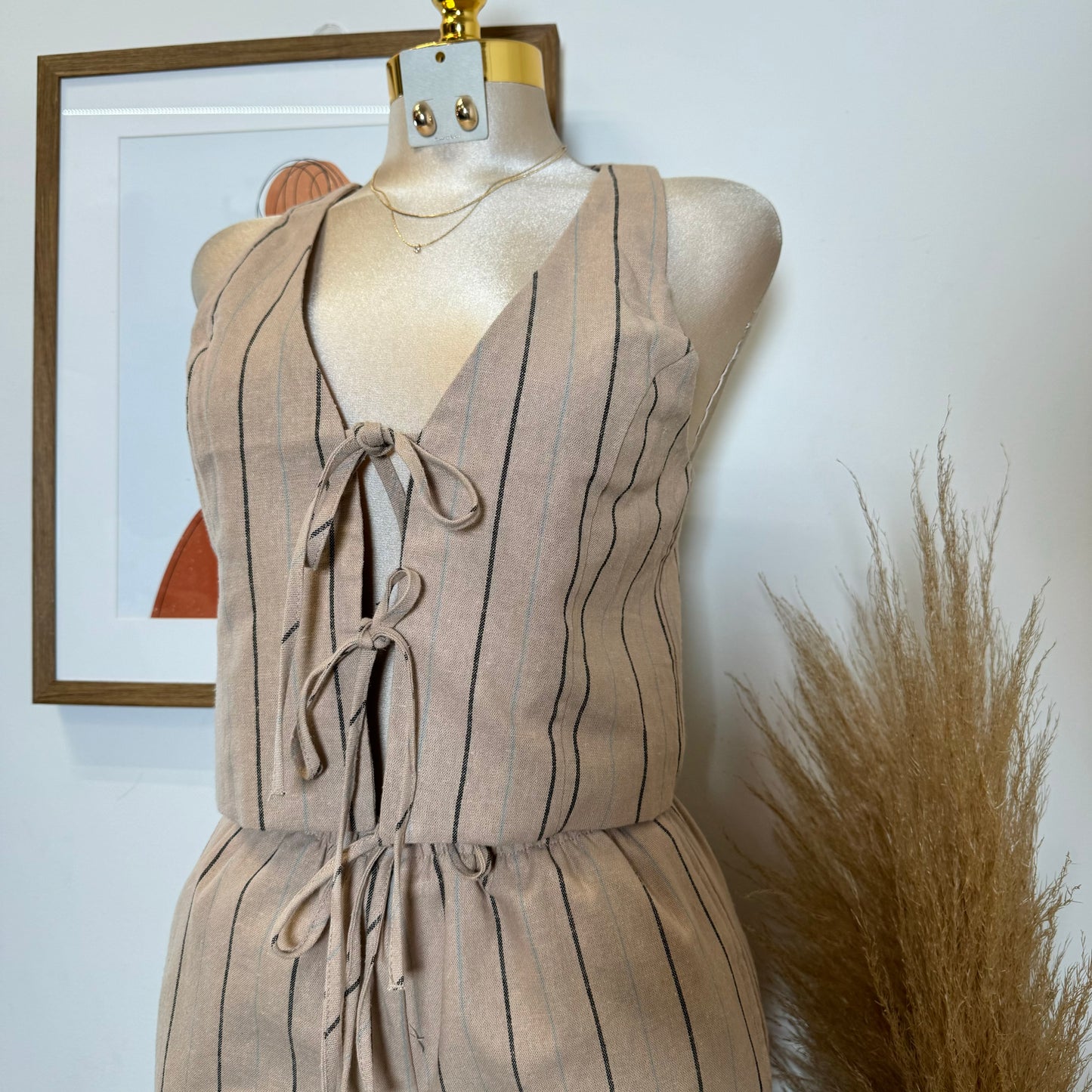 Knot Linen Pant Set-Beige with Black and Blue Stripes