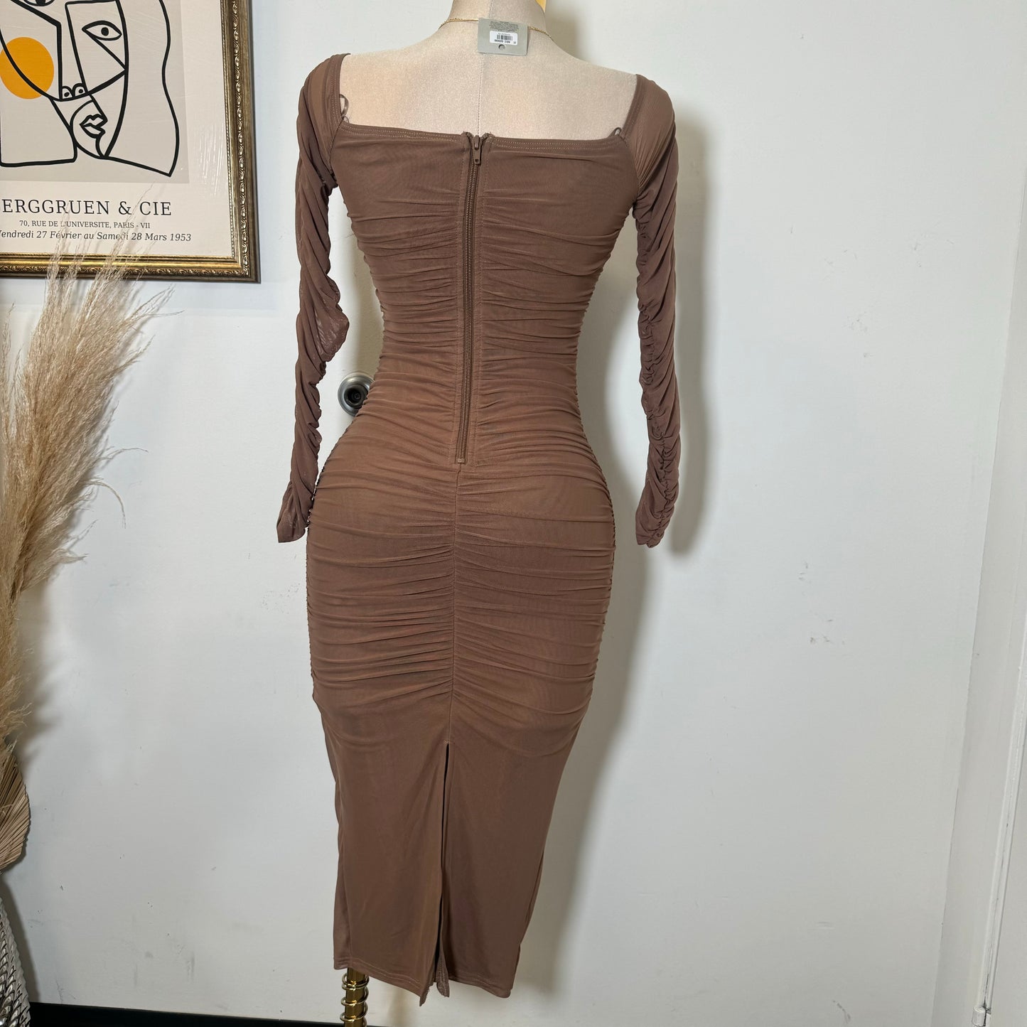 Mesh Off Shoulder Long Sleeve Dress-Brown