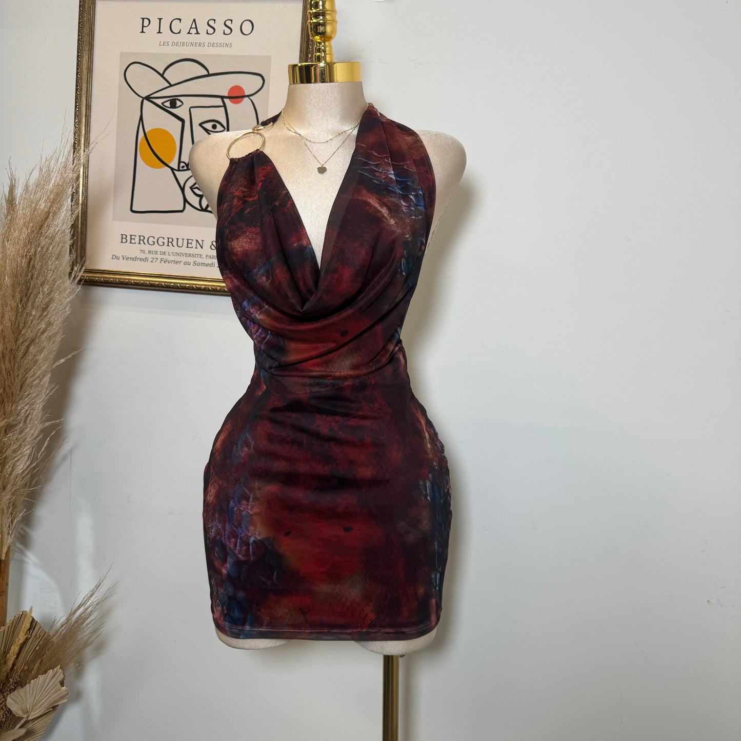 Cowl Halter Mesh Dress-Red Multi1