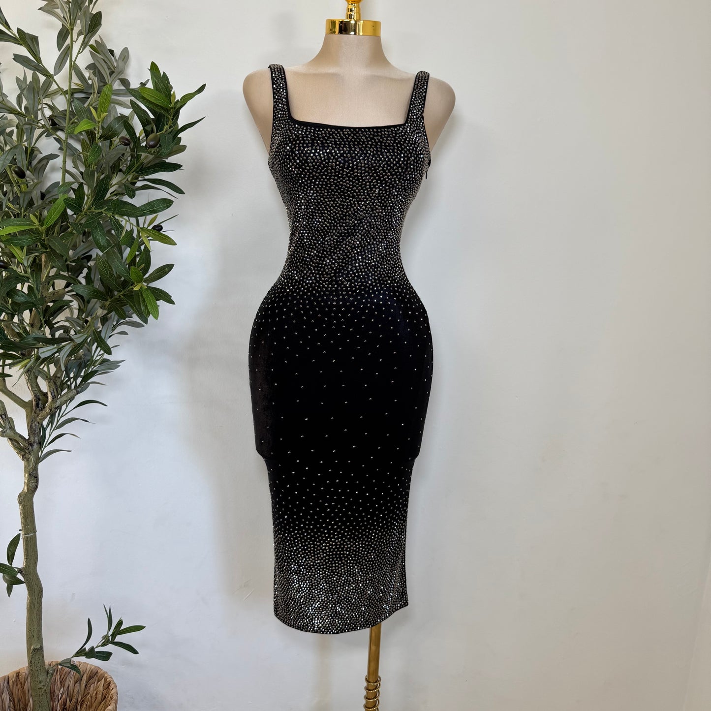 Rhinestone Midi Dress Square Neck Sleeveless-Black