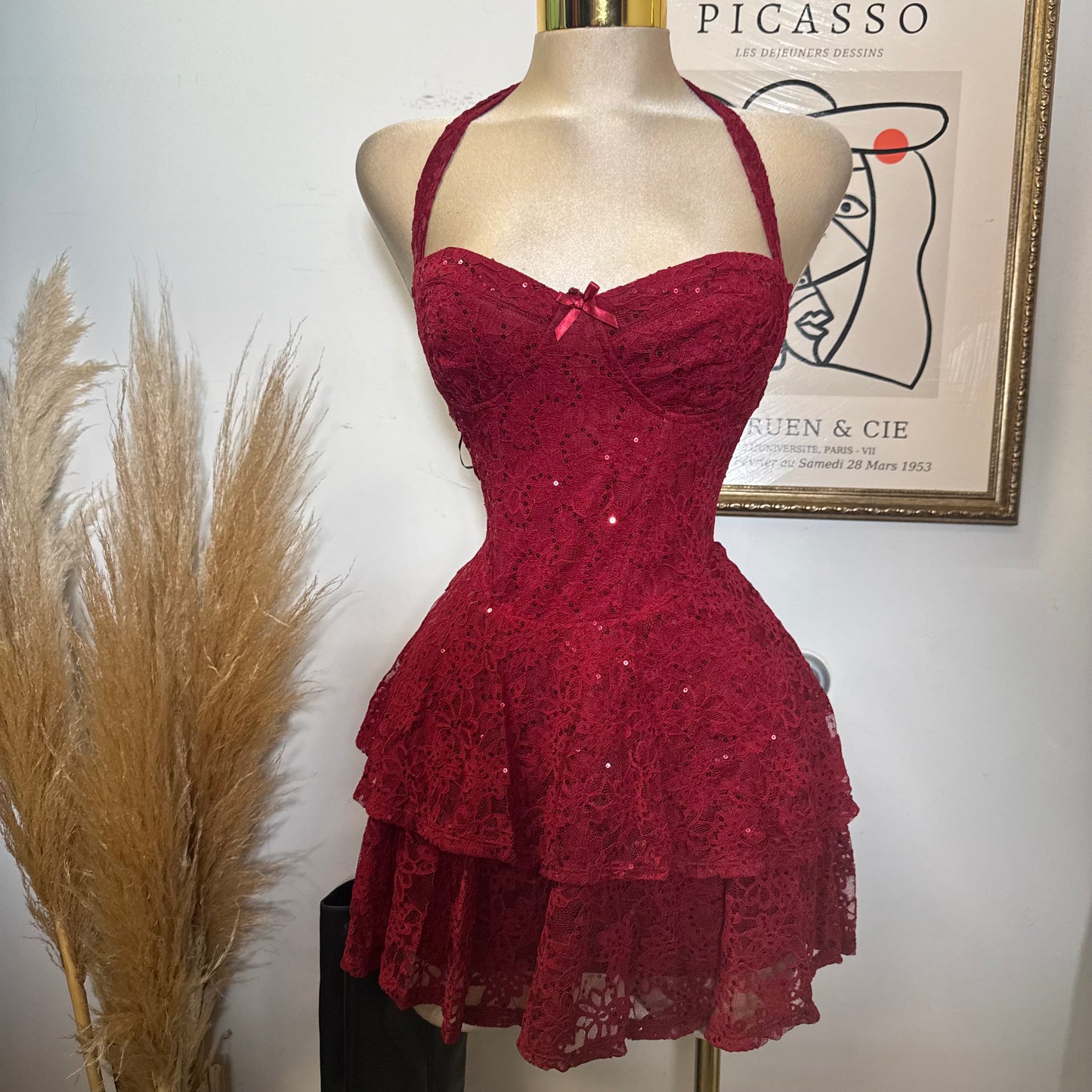 Sequined Halter Mini Dress with Tiered Skirt-Red