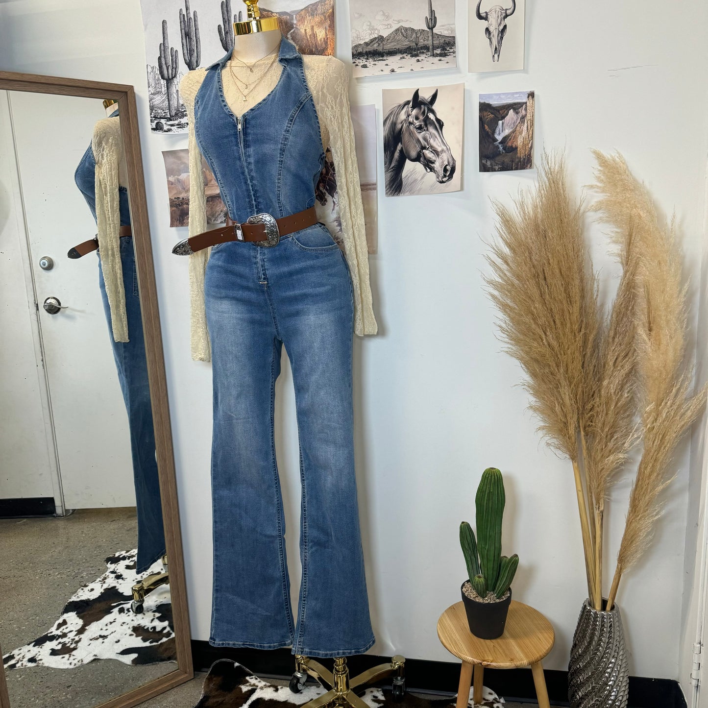 Rodeo Halter Flare Jumpsuit-Denim