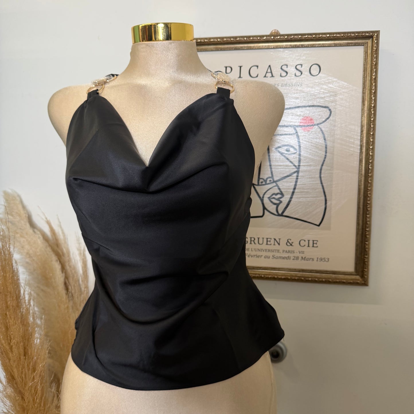 Satin Cowl-Neck Top w/ Gold Ring Details-Black