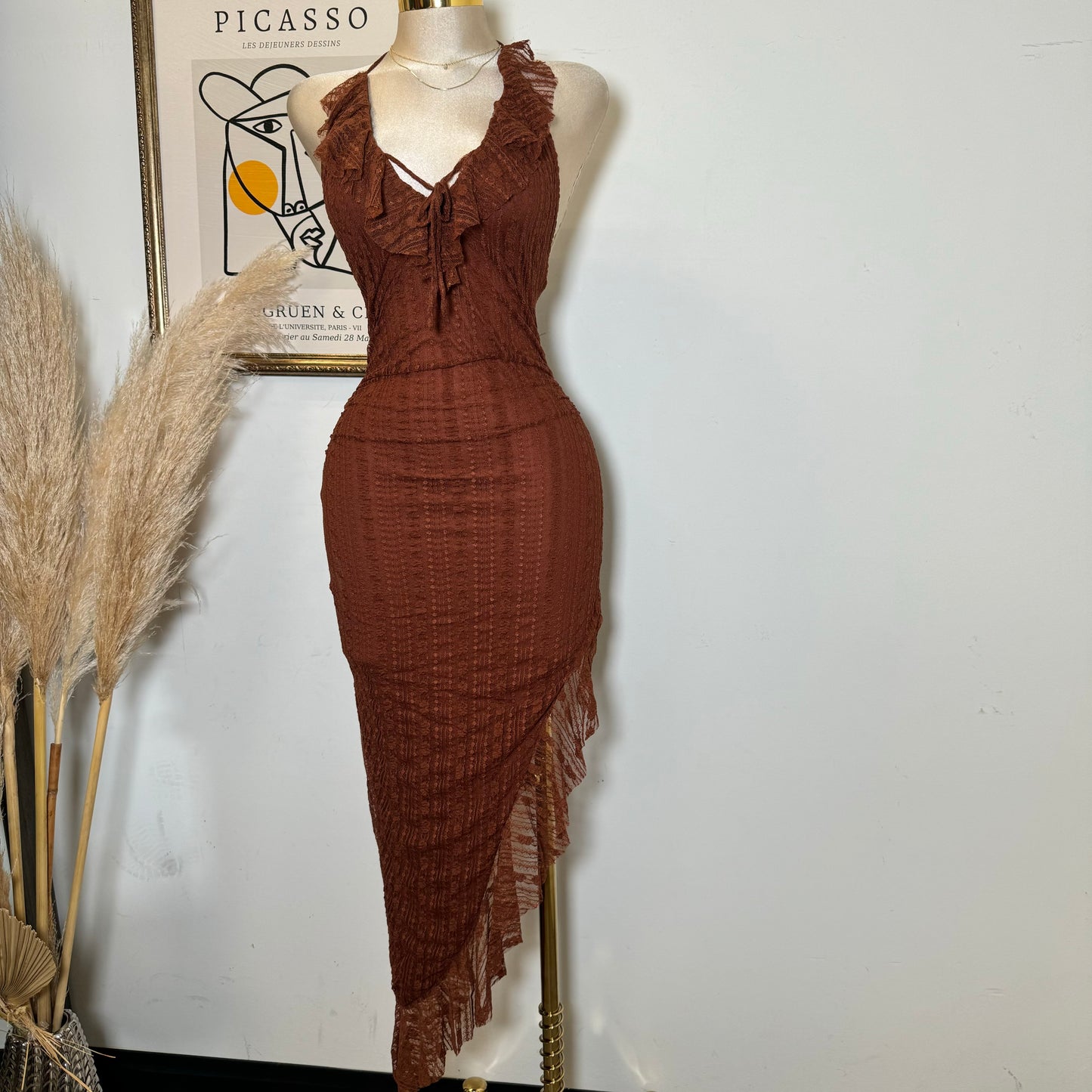 Lace Open Slit Halter Dress-Rust