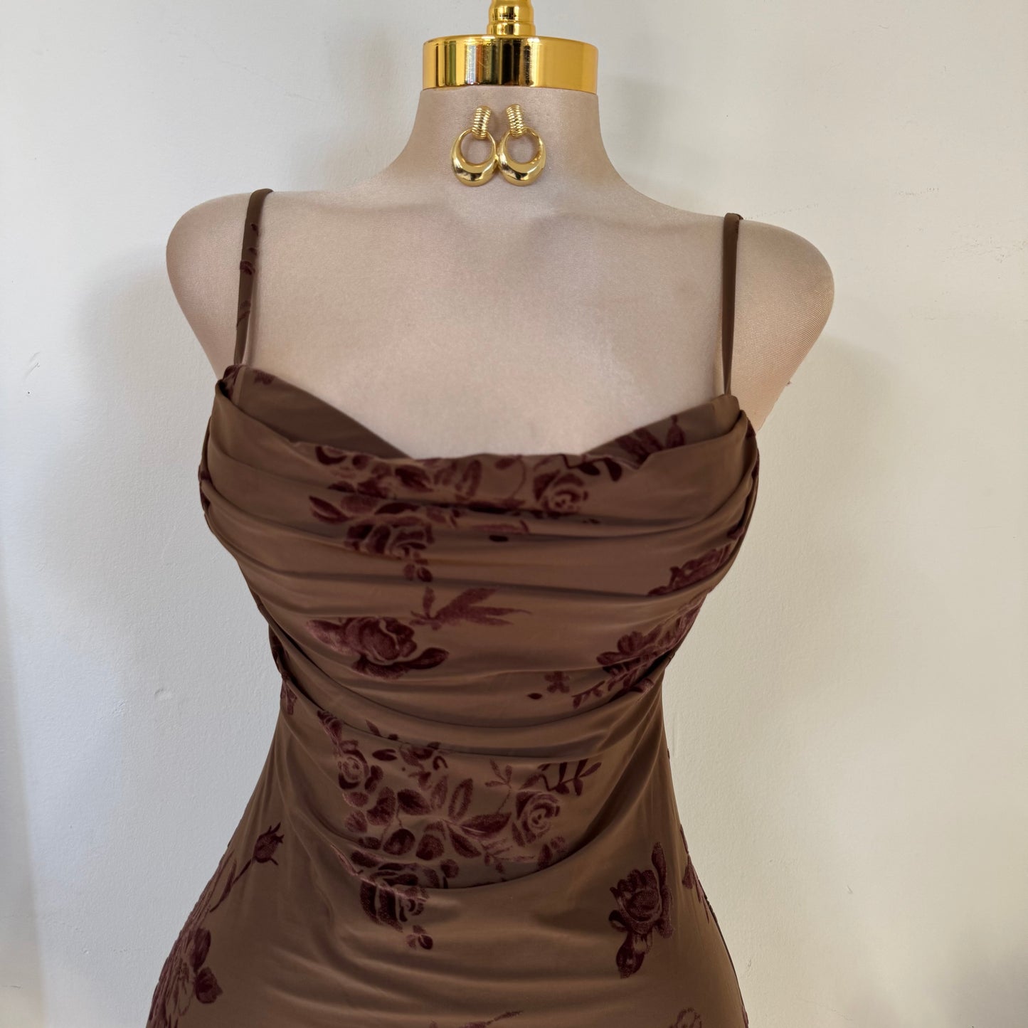 Bustier Cowl Neck SPGT Flare Mini Dress-Mocha